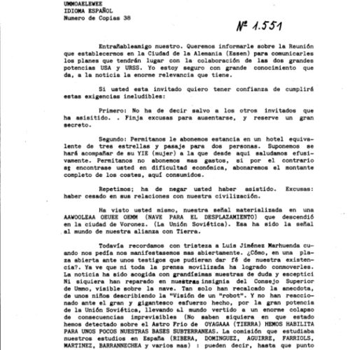 Carta de UMMO N 1551 recibida el 3 de Abril de 1990 por Ignacio Darnaude Rojas-Marcos, desde Avila - Imagen 1