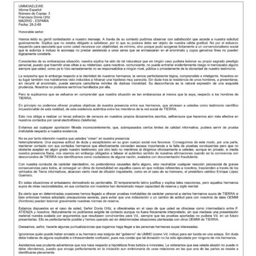 Carta de Ummo a Francisco Donis Ortiz Atienza y el planeta Urln 1969 - Imagen 1