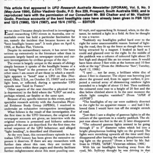 Chalker,1966 Bent Headlight Beams UFO,Australia,FSR87V32N4