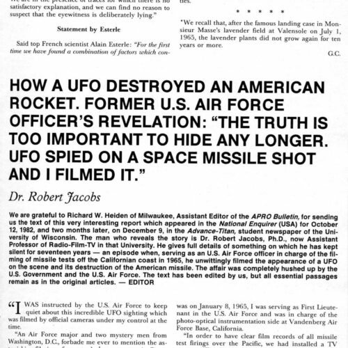 Jacobs,U.S.missile destroyed by UFOs,1965,California,FSR83V29N1 - Imagen 1