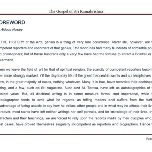Ramakrishna,The gospel Foreword by Aldous Huxley
